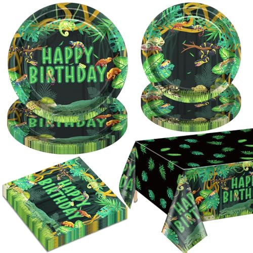Reptile Birthday Party Decorations for 20 Guests, Tableware Set Includes Plates, Napkins, Tablecloth, Jungle Swamp Wilderness Snake Lizard Alligator Turtle Birthday Decorations for Kids