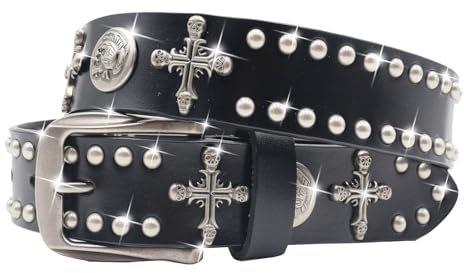 Y2K Totenkopf-Gürtel mit Nieten, echtes Leder, Nietengürtel, Emo-Gürtel, Y2K, Punk, Totenkopf-Gürtel, Schwarz, Fit Waist: 34-38