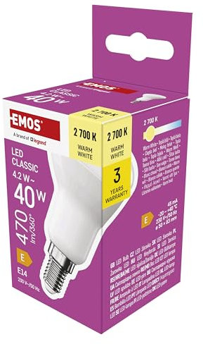 EMOS LED Lampe Reflektor-Form, 4,2W Ersatz für 40W Glühbirne, R50 Scheinwerfer-Birne mit E14 Sockel, Helligkeit 470 lm, Warmweiß 2700 K, 30000 h Lebensdauer, CRI min. 80, 120° Abstrahlwinkel