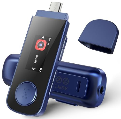 AGPTEK 64Go Lecteur Mp3 USB C avec Bluetooth 5.3 & Clip Sport, Mini Type-C MP3 Musique sans Perte HiFi avec Radio FM/Enregistreur, 2EN1 Clef USB Baladeur MP3 Portable Supporter Téléphone - Bleu