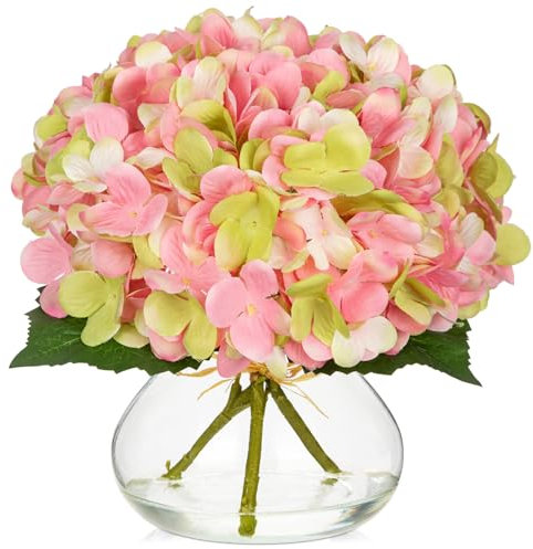 Oairse Fleurs artificielles d'hortensia avec vase en verre - Arrangements de fleurs artificielles en soie rose et vert dans un vase avec fausse eau - Bouquet floral en vrac pour décoration de maison