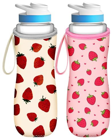 Toykee Wasserflaschenhülle für Cirkul 625 ml – 2 Stück Flaschenabdeckungshalter mit Griffschlaufe, niedlicher rosa-roter Erdbeerdruck für Mädchen