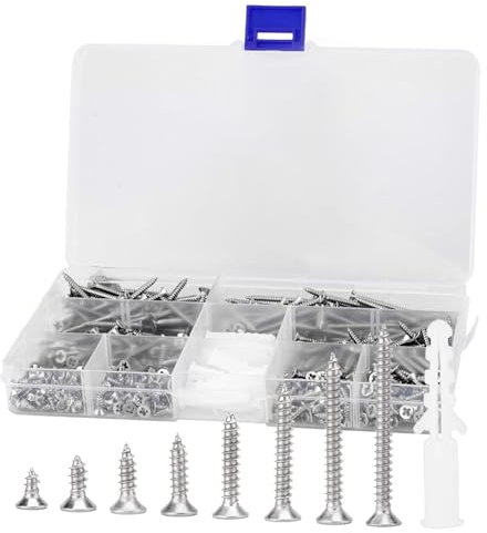 420Pcs Self Tapping Screws, Stainless Steel Wood Screw M3 x 30mm/25mm/20mm/16mm/12mm/10mm/8mm/6mm, Wood Screws Assortment with Storage Box and Screwdriver Bit for Woodwork,Metal, Steel Tile