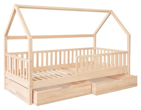 Ehrenkind® Hausbett Buche | FSC® Zertifiziert | Kinderbett mit Rausfallschutz | höhenverstellbar Massivholz inkl. Lattenrost | Kinder Bett | Hausbett 200x90 | Natur mit Doppelschublade