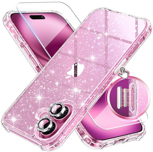 BERFY for iPhone 16 Plus Case Glitter, with 9H Tempered Screen Protector + 2X Diamond Camera Lens Protectors, [Non-Yellowing] Women Clear Sparkly Cute Bling Hard Shockproof Cover 6.7, Shiny Clear