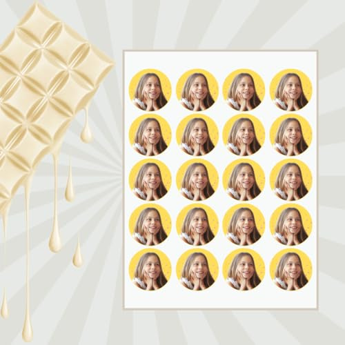Sweetec Individuell essbarer Druck auf Schokotransferfolien - Choco Sheets personalisiert mit eigenes foto logo text bestellen Logos für Pralinen, bedruckter Schokolade (4cm Rund Ø (20er Pack))