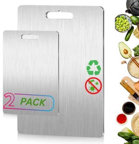 ANGAHE Tablas de Cocina Titanio, Pack 2 Tablas Cortar Antibacterianas | Superficie de titanio y acero inoxidable no porosa, resistente y sin deformarse, tamaños grande y pequeña para cortar