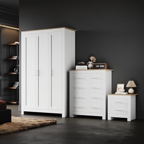 ELEGANT 3 Door Bedroom Wardrobe and 4 Drawer Chest and Bedside Cabinet, Furniture Set with Generous Hanging Space, New Luxury Style Cabinet for Bedroom Storage, White/Oak