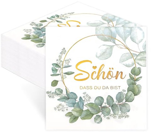 40 Stück Servietten Schön Dass Du Da Bist - Eukalyptus Grün Servietten Tischdeko Hochzeit, Servietten 3-Lagige für Hochzeiten, Taufen, Geburtstage, Partys (33x33cm)