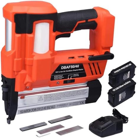TIEOAXFT Cordless Nailer & Stapler- 2 in 1 18Ga Heavy Tool with 18Volt 2Ah Lithium-ion Rechargeable Battery Air Cylinder Power Nail Gun