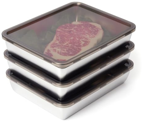 Zymuegist 3 Set Stainless Steel Food Containers with Lids, Kitchen Tray Freezer Safe Metal Containers for Meal Prep, Leftovers, Freezer (3, Black)