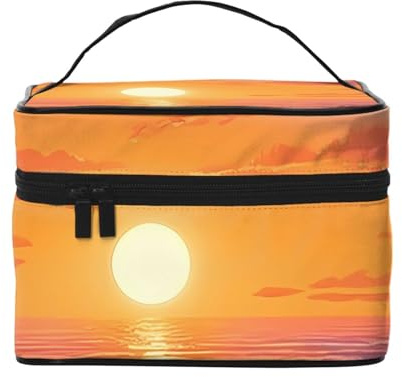Trousse de maquillage de voyage avec palmiers et coucher de soleil – Organiseur de toilette portable avec compartiments zippés pour pinceaux, bouteilles et soins de la peau