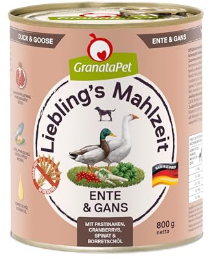 GranataPet Liebling's Mahlzeit Ente & Gans, 12 x 800g, mit Pastinaken | Alleinfuttermittel, Getreidefrei, Ohne Zuckerzusatz, Grünlippmuschel, Made in Germany