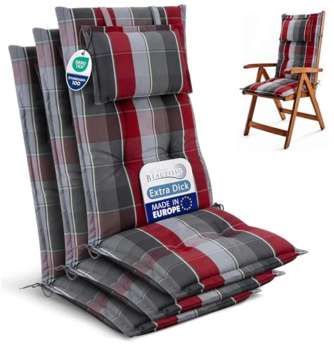 Beautissu 3er Set Gartenstuhlauflagen Hochlehner Sitzpolster robuster Stoff | 120x50cm 7cm Polster Grau Rot Hellblau Kariert UV-Lichtecht Sitzauflagen Gartenmöbel Gartenstuhl Auflagen Garten HighLux HL