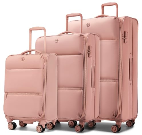 Miss Lulu Stoff Kofferset 3 Teilig, Leichter weicher Reisekoffer mit Volumenerweiterung, Rollkoffer mit 4 Rollen für Familienurlaub, Rosa