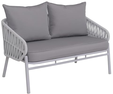 PROREGAL Aluminium-Gartenbank | HxBxT 83x 116x65cm | Gartensofa Outdoor Sitzbank | Seilgeflecht Rope Stoff/Textil (180g/m²) | Hellgrau