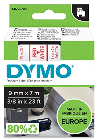 DYMO Original D1-Etikettenband | rot auf weiß | 9 mm x 7 m | selbstklebendes Schriftband | für LabelManager-Beschriftungsgerät