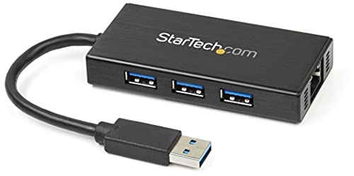 StarTech.com Hub USB 3.0 de Aluminio con Cable - 5Gbps - Concentrador de 3 Puertos USB con Adaptador de Red Ethernet Gigabit Externo (ST3300G3UA)
