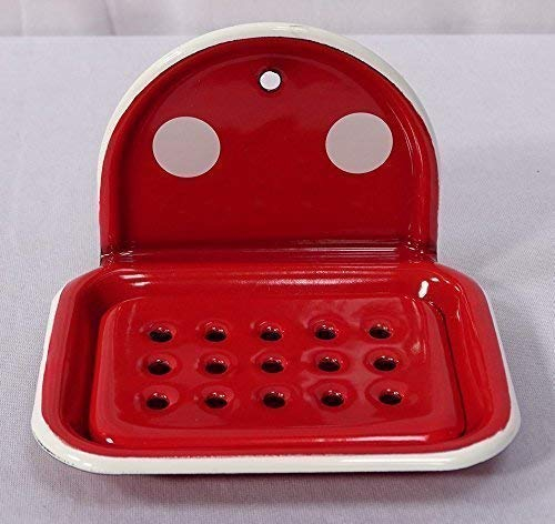 Emaille Seifenschale, Nostalgie Seifenablage zum Hängen, Tupfen Rot Weiß