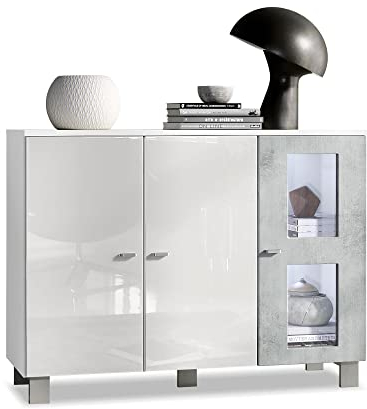 Vladon Buffet Denjo, Commode avec 3 Portes, Blanc Mat/Blanc Haute Brillance/Aspect Béton Oxyde, éclairage LED Inclus (107 x 81 x 35 cm)