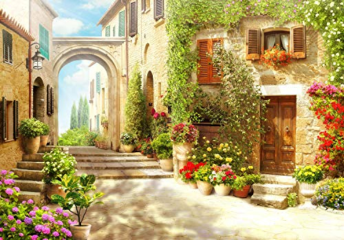 wandmotiv24 Fototapete Strasse italienische Stadt Italien Gasse, XS 150 x 105cm - 3 Teile, Wanddeko, Wandbild, Wandtapete, Blumen Blüten Blumentopf M1084