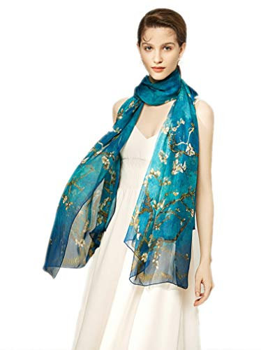 Prettystern XXL 190/110 cm Seiden-Stola Pareo blau 100% Seide Malerei Kunstdruck van Gogh Mandelbaum-zweige