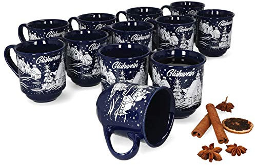 MamboCat 12er Set Glühweinbecher 0,2L mit Eichstrich I Klassische Weihnachtsmarkt Tasse mit Wintermotiv I Glühweintassen mit Henkel I Gastronomiebedarf Geschirr I Becher aus Keramik dunkelblau