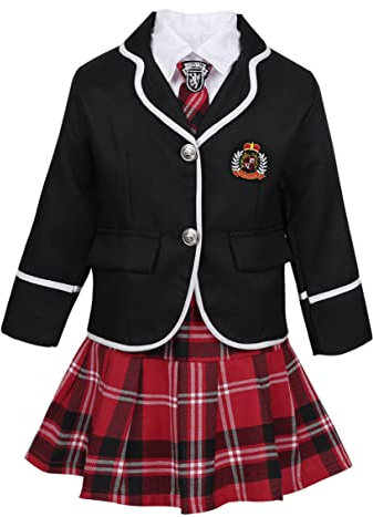 TiaoBug Mädchen Schulmädchen Kostüm Komplett Uniform Jacke Blazer + Langarm Bluse Weißes Hemd, Karierte Krawatte Mini Rock Japanischer Anime Fasching Schwarz 152-164