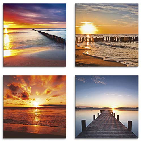 ARTLAND Wanddeko Strandbilder Leinwand Bilder Set 4 tlg. je 40x40 cm Quadratisch Wandbilder Landschaft Strand Ostsee Sonne Sonnenuntergang K2HC