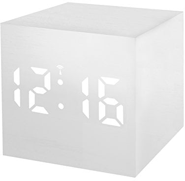 Bresser Funkwecker MyTime WAC weiß in Holzoptik mit dimmbarer weißer LED, Datum und Temperaturanzeige, 67x67x67