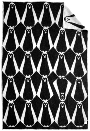JOWOLLINA Wendedecke Wolldecke Plaid Kuscheldecke aus Öko-Wolle mit lustigem Tiermotiv (Pinguin)