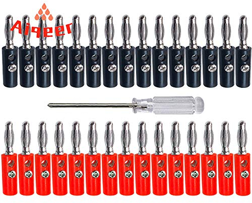 Aiqeer 30 Stück 4 mm Bananenstecker, Vernickelt Banane Lautsprecher Stecker, Lötfreier Bananensteckeradapter, für Lautsprecher, Audio/Video-Empfänger (Rot, schwarz)