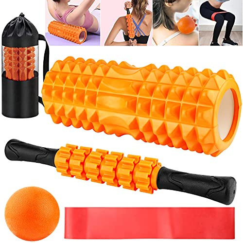 Amzeeniu Faszienrolle, 5 in 1 Foam Roller Faszienrolle Sets mit Massageroller Stab Faszienball Fitnessband mit Tragebeutel,Schaumstoffrolle zum Faszien Training und Verbesserung des Bindegewebes