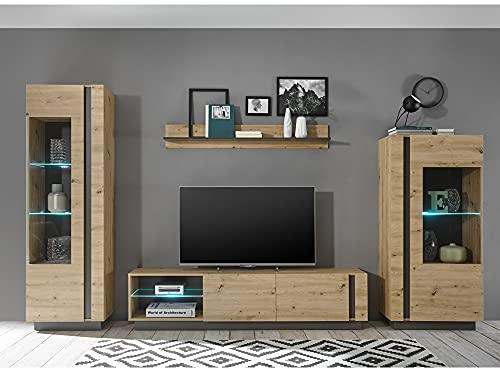 Lomadox TV-Wohnwand modern inkl. LED-Beleuchtung in Eiche Artisan Nb. mit Absetzungen in Graphit grau, B/H/T: ca. 340/194/40 cm