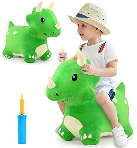 iPlay, iLearn Bouncy Pals Dinosaur Hopper Toy 2 Year Old Boy, Toddler Plush Bounce Animals, Ride on Bouncing Triceratops for Kids, Outdoor Hopping Horse Bouncer, Cool Birthday Gifts 3 4 5 6 Yr Girls