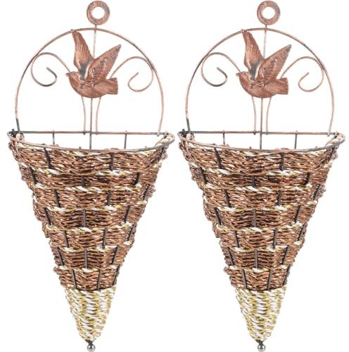 Amosfun Flower Baskets Woven Flower Basket: Wall Cone Shaped Planter Hanging Flower Pot Retro Storage Container 2pcs, Coffee, 31.5X14X7cm (2EYH11SRJ3620SU95Z)
