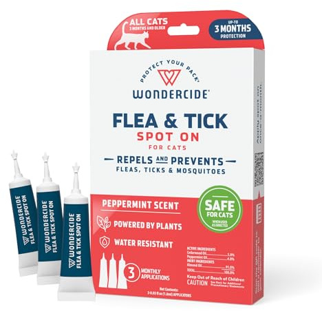 Wondercide - Flea and Tick Cat Spot On - Flea, Tick, and Mosquito Repellent, Prevention for Cats with Natural Essential Oils - Pet and Family Safe Up to 3 Months Protection - 3 Tubes of 0.03 oz