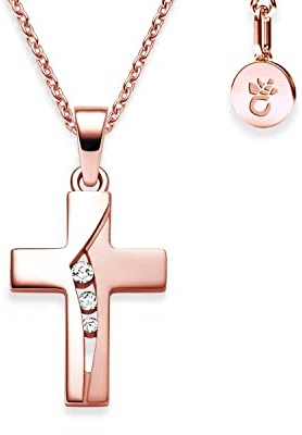 Kreuz Kette Mädchen Rosegold (Silber 925 vergoldet) | Kreuzkette Kreuz-Anhänger Halskette mit Zirkonia | Kinder-Schmuck Erst-Kommunion Tauf-Geschenk Konfirmation Firmung Geburt Taufe Taufkette