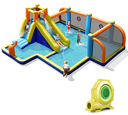 COSTWAY Inflatable Water Slide, Jumping Bouncy Castle with Climbing Wall, Football Field, Splashing Pool and Water Cannons, Outdoor Blow Up Activity Center for Kids Summer Play (with blower)