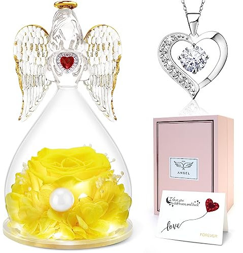 Sunia Rosa Eterna con Collana a Cuore,Angelo di Vetro con Luci LED, Rosa Stabilizzata Vera Regalo Festa della Mamma,Regalo Mamma Nonna Moglie Fidanzata Anniversario Compleanno Valentine Regali per Lei