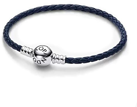 PANDORA Moments Blaues Geflochtenes Lederarmband mit Kugelverschluss, Kompatibel Moments, Größe: 20,5 cm, 592790C01-S3