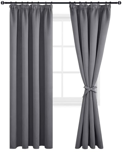 DWCN Dicke Thermovorhänge Gardinen Verdunkelungsvorhänge mit Kräuselband mit Vorhang-Krawatten, 225x140cm(HöhexBreite), Grau, 2er Set