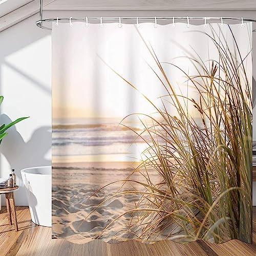 ALMONO Duschvorhang 240x200 Strand Duschvorhang Gras Badezimmer Vorhang Antischimmel Wasserdicht 3D Effekt Duschvorhänge Textil Polyester Stoff für Badewannen mit Haken