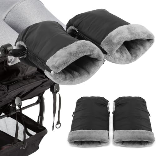 Pram Hand Muff, Stroller Fleece Hand Muff, Winter Baby Stroller Gloves, Waterproof and Windproof Anti-Freeze Fleece Lined, Extra-Long Gloves for Pram, Buggy, Bike and Trailer - Zip