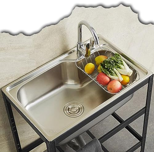 HCZION Fregadero Independiente de Acero Inoxidable 304, 50cm/60cm (Plateado, 48x35cm/18.9x13.8in, Rejilla, Cepillado, Moderno, 60x50x35 cm)