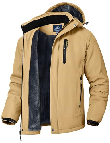 donhobo Men's Waterproof Hiking Jackets,Men Winter Ski Jackets,Outdoor Fleece Walking Jacket Coat Khaki L