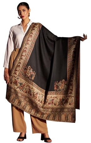Zamour Damen Schal Kani Kaschmiri Mughal, aus weichem Wollmaterial, 101,6 x 203,2 cm, Schwarzer Elefant, 40 inches x 80 inches