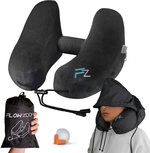 FLOWZOOM Air Nackenkissen Flugzeug – H-Design Reisekissen für 5 Schlafpositionen, schnell aufblasbar & druckregulierbar – Nackenhörnchen mit abnehmbarer Kapuze & weichem Plüschbezug – Größe M, Schwarz