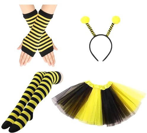 YQBFB Deguisement d'Abeille pour Femme Adulte: Costume Femme Abeille de Carnaval avec Ailes Bandeau et Collants - Idéal Vestido pour Halloween Cosplay et Fêtes à Thème (Abe Set, 4pcs)
