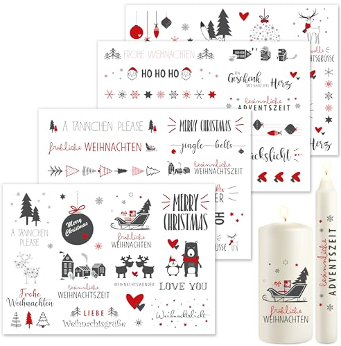 OWLBOOK® Kerzentattoos Weihnachten Kerzen Sticker Kerzenfolien Tattoo Folie Kerzensticker Aufkleber I Wasserschiebefolie Weihnachtsset Rot 4 x Din A5